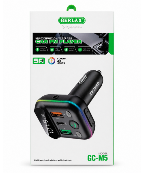 GERLAX Πολυλειτουργικός Ασύρματος Παίκτης FM Αυτοκινήτου (Μοντέλο GC-M5) με 7 Χρώματα LED, Υποστήριξη USB/SD και Φόρτιση PD