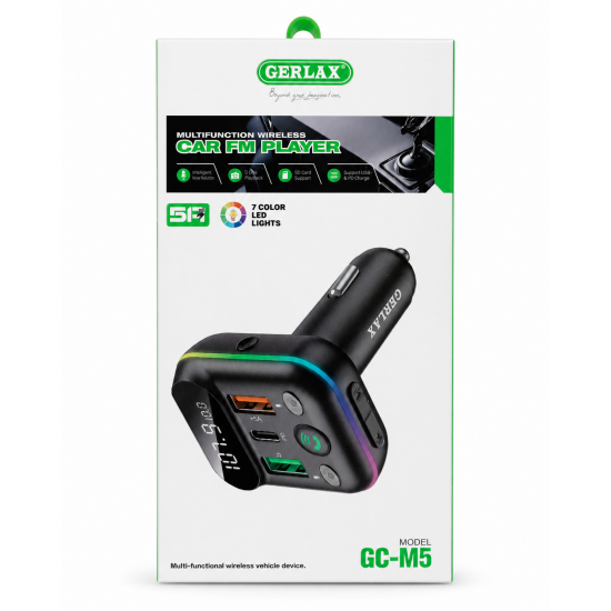 GERLAX Πολυλειτουργικός Ασύρματος Παίκτης FM Αυτοκινήτου (Μοντέλο GC-M5) με 7 Χρώματα LED, Υποστήριξη USB/SD και Φόρτιση PD