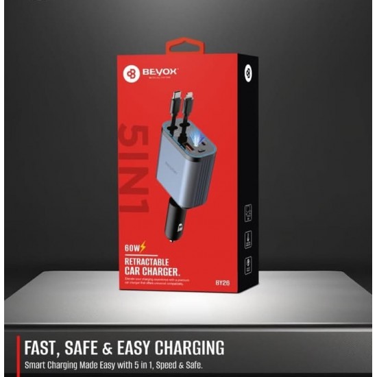 BEVOX BY26 Φορτιστής Αυτοκινήτου 5-σε-1 Retractable 60W