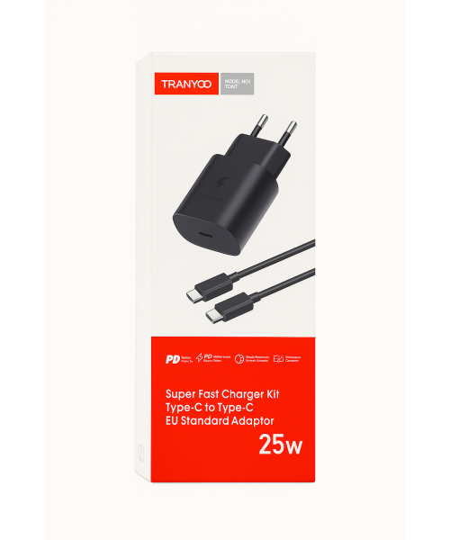 Tranyoo T-SA2C Φορτιστής με Καλώδιο TYPE -C  TO TYPE -C & Θύρα USB-C 25W -Μαύρο Tranyoo T-SA2C Φορτιστής με Καλώδιο TYPE -C  TO TYPE -C & Θύρα USB-C 25W -Μαύρο