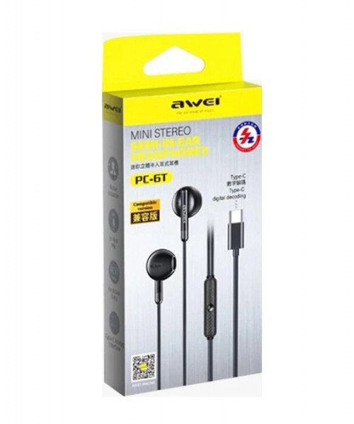 Awei PC-6T Earbuds Handsfree με Βύσμα USB-C Μαύρο
