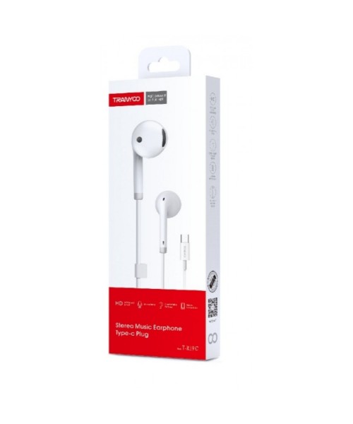 TRANYOO Ενσύρματα ακουστικά EarPods T-R19C με βύσμα Type-C – λευκό TRANYOO Ενσύρματα ακουστικά EarPods T-R19C με βύσμα Type-C – λευκό