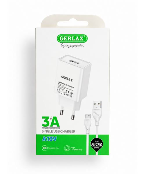 Gerlax A13V 3A Single USB Charger – Ταξιδιωτικός Αντάπτορας για Micro USB, 15W,