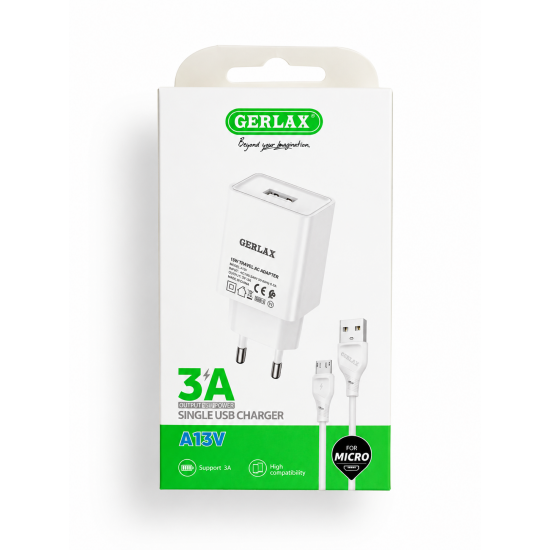 Gerlax A13V 3A Single USB Charger – Ταξιδιωτικός Αντάπτορας για Micro USB, 15W,