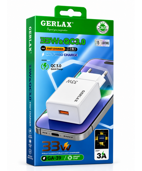 GERLAX GA-39 Φορτιστής Ταχείας Φόρτισης 33W QC3.0 με Καλώδιο Lightning