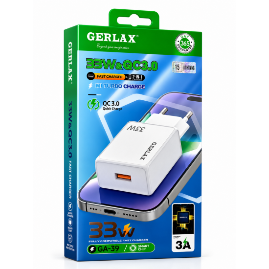 GERLAX GA-39 Φορτιστής Ταχείας Φόρτισης 33W QC3.0 με Καλώδιο Lightning