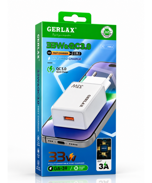 GERLAX GA-39 Φορτιστής Ταχείας Φόρτισης 33W QC3.0 με Καλώδιο Type-C