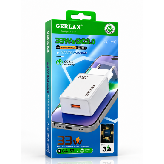 GERLAX GA-39 Φορτιστής Ταχείας Φόρτισης 33W QC3.0 με Καλώδιο Type-C