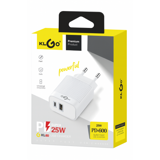 KLGO Φορτιστής Χωρίς Καλώδιο με Θύρα USB-A και Θύρα USB-C 25W Power Delivery / Quick Charge 3.0 Λευκός (PD-600)