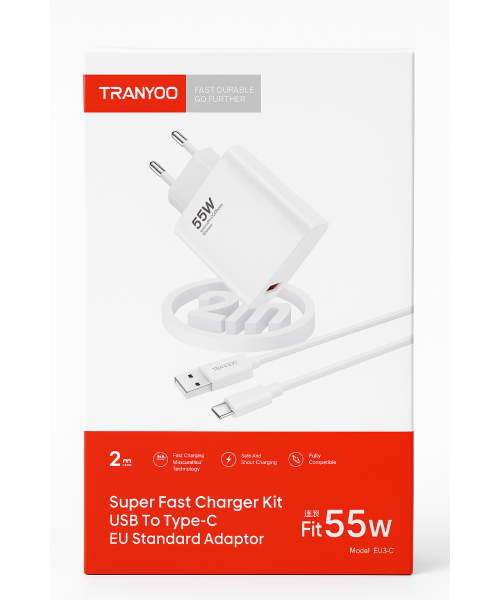 Tranyoo EU3-C Φορτιστής με Καλώδιο TYPE -C  TO TYPE -C & Θύρα USB-C fIT 55W -Λευκό Tranyoo EU3-C Φορτιστής με Καλώδιο TYPE -C  TO TYPE -C & Θύρα USB-C fIT 55W -Λευκό