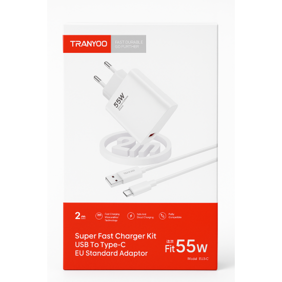 Tranyoo EU3-C Φορτιστής με Καλώδιο TYPE -C TO TYPE -C & Θύρα USB-C fIT 55W -Λευκό Tranyoo EU3-C Φορτιστής με Καλώδιο TYPE -C TO TYPE -C & Θύρα USB-C fIT 55W -Λευκό