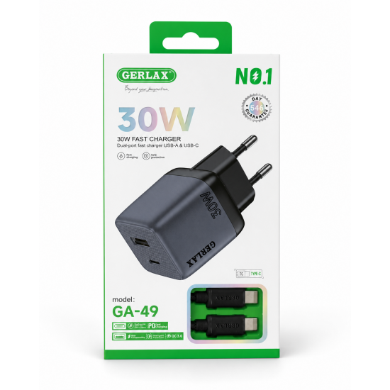 GERLAX 30W Dual-Port Fast Charger GA-49 με USB-A και USB-C Θύρες-LIGHTNING