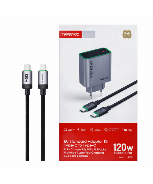 Tranyoo 120W GaN Φορτιστής USB-C με Καλώδιο Type-C σε Type-C 1m – Super Fast Charging για Κινητά & Laptop -Model-TEU8C