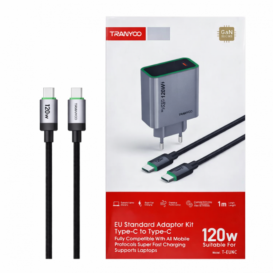 Tranyoo 120W GaN Φορτιστής USB-C με Καλώδιο Type-C σε Type-C 1m – Super Fast Charging για Κινητά & Laptop -Model-TEU8C