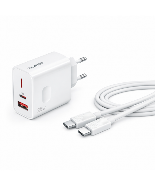 TRANYOO Super Fast Charger Kit 25W USB-C – Φορτιστής Πρίζας με Καλώδιο Type-C to Type-C- Model T-EU6C