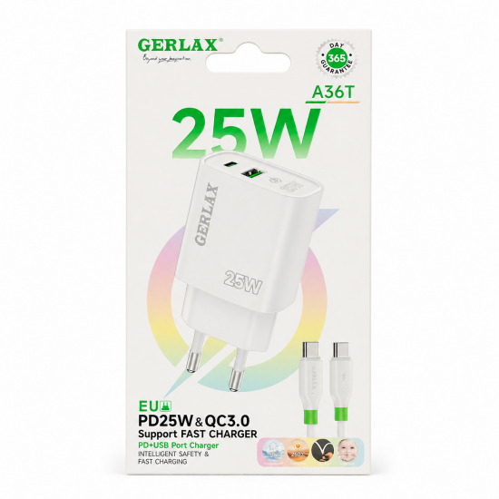 GERLAX A36T Φορτιστής Ταχείας Φόρτισης 25W PD & QC3.0 με Καλώδιο Type-C