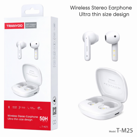 Ασύρματα Bluetooth Ακουστικά Tranuoo White T-M25 με Θήκη Φόρτισης – 50 Ώρες Αυτονομία