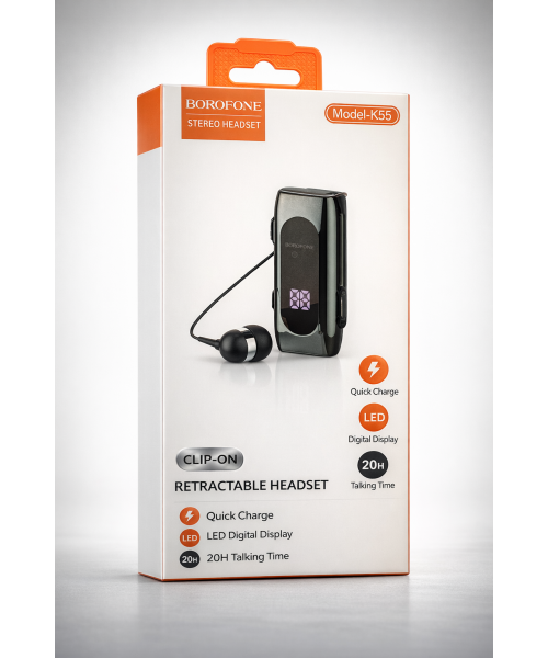 Borofone K55 Clip-On Retractable Bluetooth Headset με LED Οθόνη & Γρήγορη Φόρτιση – 20 ώρες αυτονομία