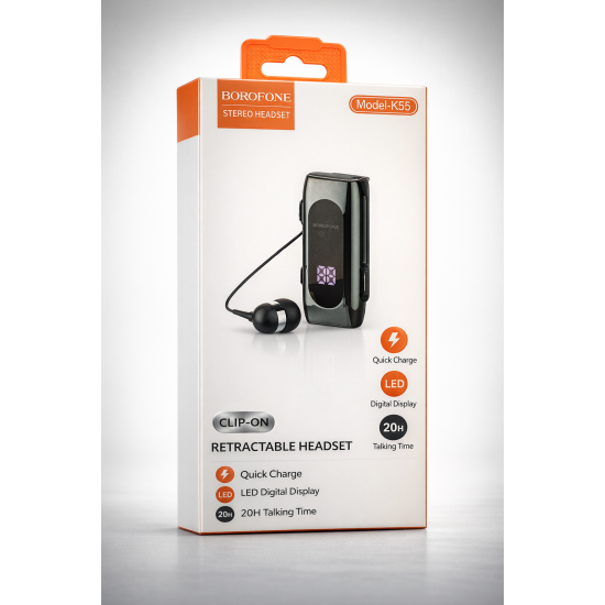 Borofone K55 Clip-On Retractable Bluetooth Headset με LED Οθόνη & Γρήγορη Φόρτιση – 20 ώρες αυτονομία