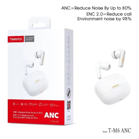 Ασύρματα Ακουστικά Bluetooth Tranyoo T-M6 ANC με Active Noise Cancellation & ENC 2.0 – Λευκά