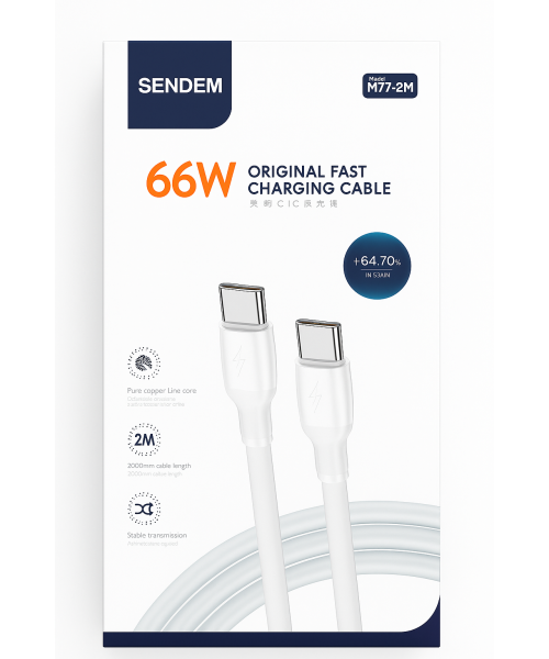 SENDEM M77 TYPE C/TYPE C 66W 2 M Καλώδιο Φόρτισης και Μεταφοράς Δεδομένων-λευκό SENDEM M77 TYPE C/TYPE C 66W 2 M Καλώδιο Φόρτισης και Μεταφοράς Δεδομένων-λευκό