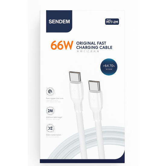 SENDEM M77 TYPE C/TYPE C 66W 2 M Καλώδιο Φόρτισης και Μεταφοράς Δεδομένων-λευκό