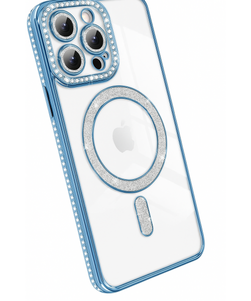 Θήκη Πολυτελείας με Κρύσταλλα για iPhone 13 pro– Διαφανής με Μπλε Πλαίσιο