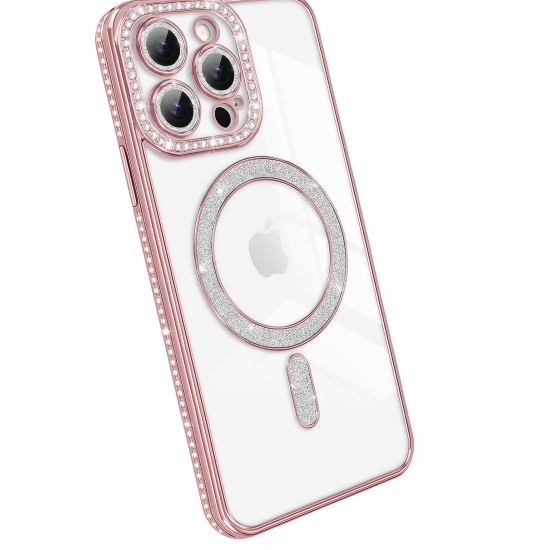 Θήκη Πολυτελείας με Κρύσταλλα για iPhone 16 pro– Διαφανής με Πλαίσιο Ροζ Χρυσού