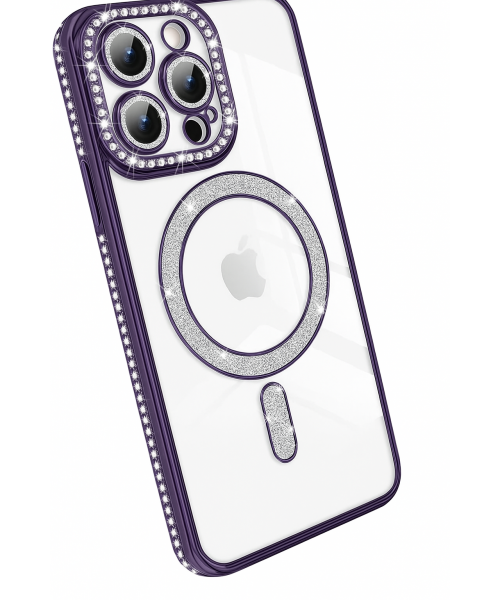 Θήκη Πολυτελείας με Κρύσταλλα για iPhone 16 pro – Διαφανής με Μώβ Πλαίσιο