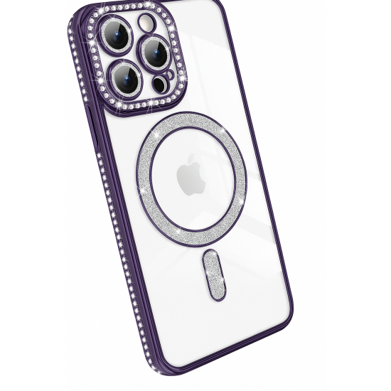 Θήκη Πολυτελείας με Κρύσταλλα για iPhone 16 pro – Διαφανής με Μώβ Πλαίσιο