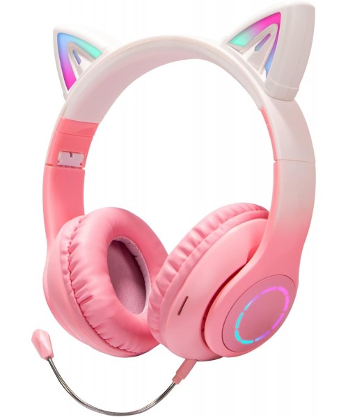 Ασύρματα ακουστικά Bluetooth για παιδιά Cat Ear με μικρόφωνο ακύρωσης θορύβου, LED με φωτισμό πάνω από το αυτί και στερεοφωνικό ήχο-Ρόζ