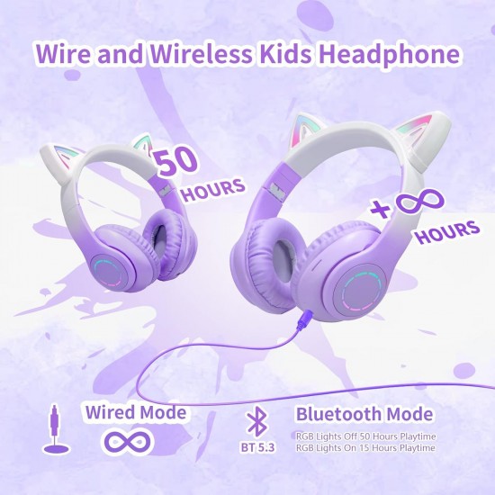 Ασύρματα ακουστικά Bluetooth για παιδιά Cat Ear με μικρόφωνο ακύρωσης θορύβου, LED με φωτισμό πάνω από το αυτί και στερεοφωνικό ήχο-Λιλά Ασύρματα ακουστικά Bluetooth για παιδιά Cat Ear με μικρόφωνο ακύρωσης θορύβου, LED με φωτισμό πάνω από το αυτί και στερεοφωνικό ήχο-Λιλά