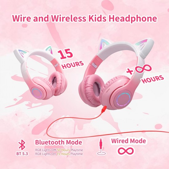 Ασύρματα ακουστικά Bluetooth για παιδιά Cat Ear με μικρόφωνο ακύρωσης θορύβου, LED με φωτισμό πάνω από το αυτί και στερεοφωνικό ήχο-Ρόζ Ασύρματα ακουστικά Bluetooth για παιδιά Cat Ear με μικρόφωνο ακύρωσης θορύβου, LED με φωτισμό πάνω από το αυτί και στερεοφωνικό ήχο-Ρόζ