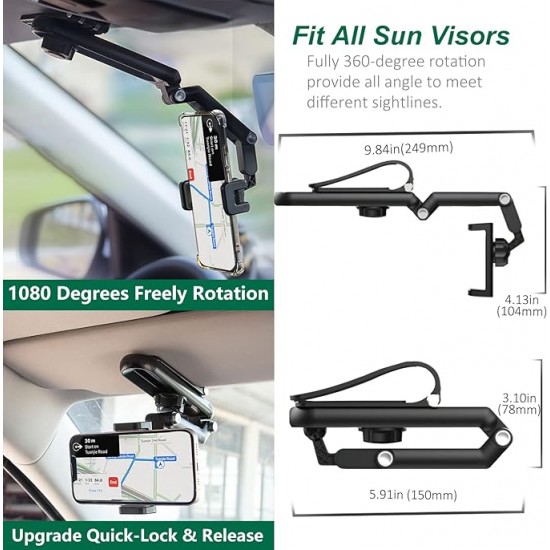 "1080° Rotatable Sun Visor Cell Phone Holder for Car - Universal Mount for iPhone 13 Pro Max, Samsung Galaxy, LG, and More"