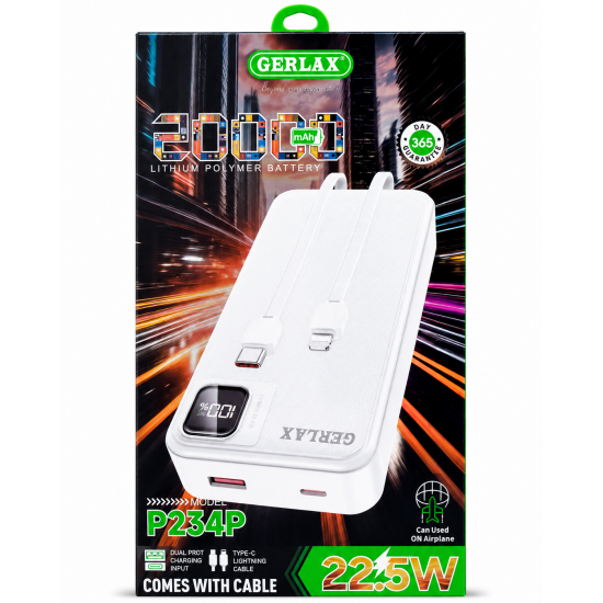 GERLAX P234P Power Bank 20000mAh 22.5W με Ενσωματωμένα Καλώδια Type-C & Lightning – Λευκό