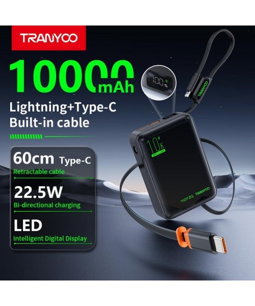 TRANYOO T-LI Power Bank 10000mAh 22.5W με Ενσωματωμένα Καλώδια Lightning & Type-C και LED Display