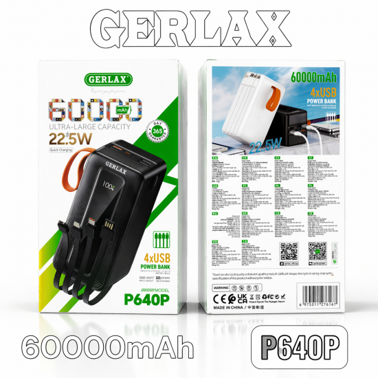 Power Bank GERLAX P640P 60000mAh με 4 Θύρες USB – Φόρτιση 22.5W Ultra-Fast