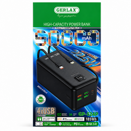 GERLAX GP-524P Power Bank 50.000mAh 22.5W Fast Charge με 4 USB, Type-C & LED Display