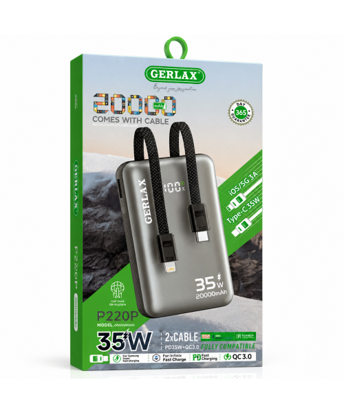 GERLAX P220P Power Bank 20000mAh με 35W PD & QC3.0 – Διπλό Καλώδιο Φόρτισης