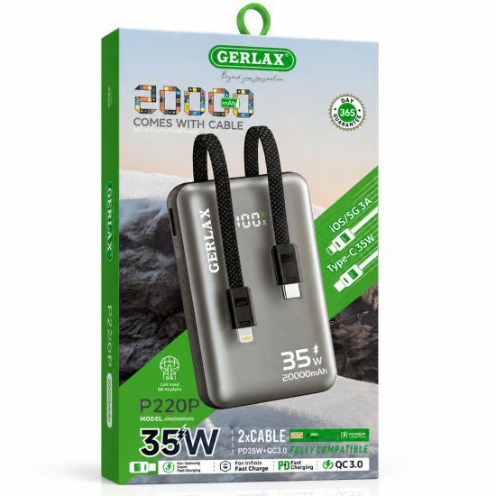GERLAX P220P Power Bank 20000mAh με 35W PD & QC3.0 – Διπλό Καλώδιο Φόρτισης