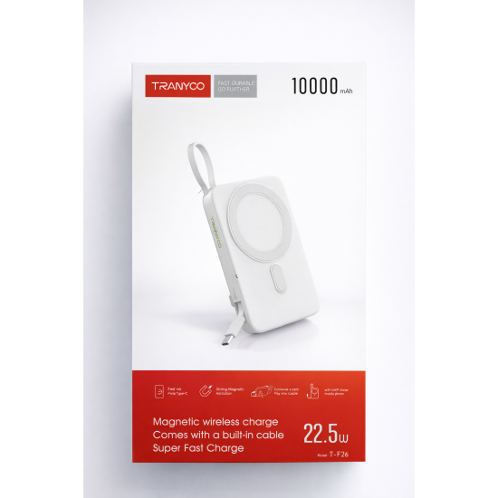 Tranyoo T-F26 Power Bank 10000mAh με Μαγνητική Ασύρματη Φόρτιση και Ενσωματωμένο Καλώδιο