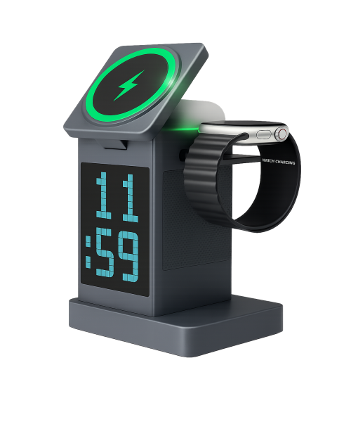 Πολυλειτουργικός Ασύρματος Φορτιστής 4 σε 1 με Ψηφιακό Ρολόι και Ηχείο