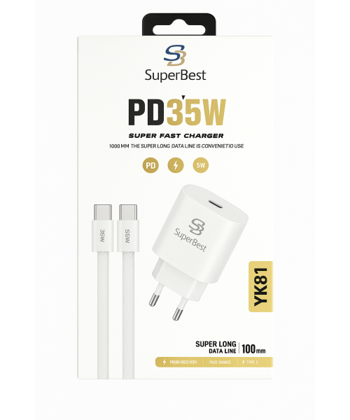 Superbest  YK81 Φορτιστής με Καλώδιο TYPE -C  TO TYPE -C & Θύρα USB-C PD 35W Power Λεύκο